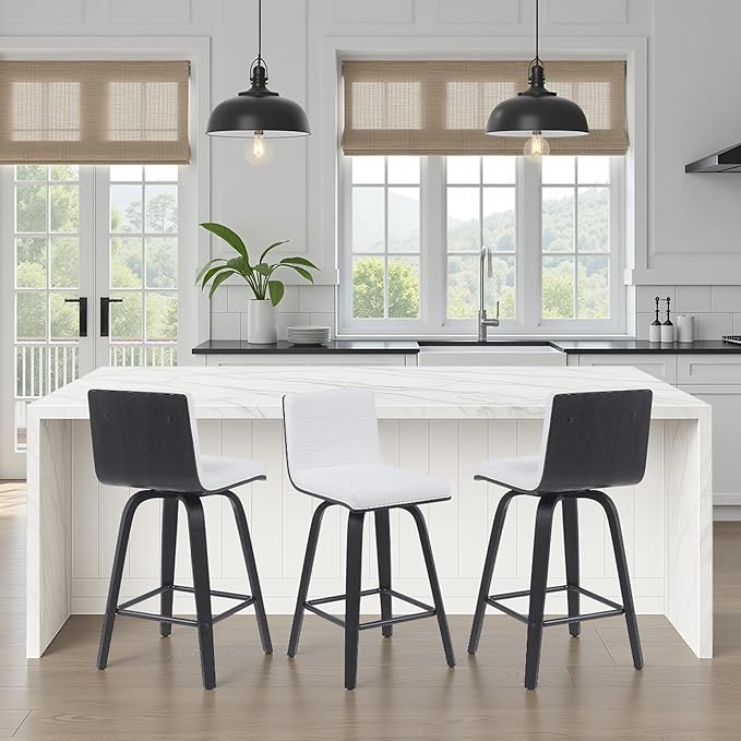 Vienna Modern Counter Height Swivel Bar Stool with Snow White Faux Leather Seat and Black Brushed Wood Frame Set of 3