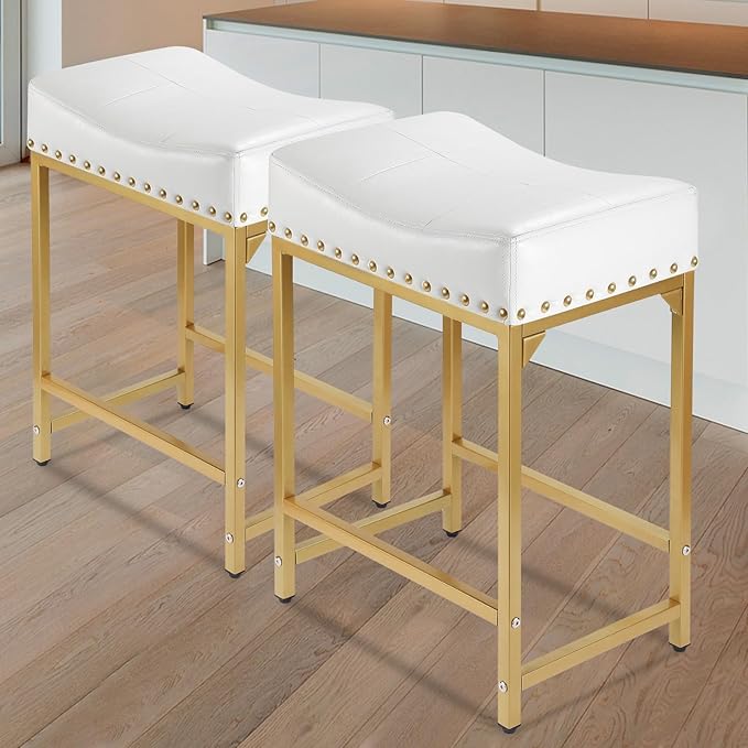 Bar Stools Set of 4 Counter Height, 24" Modern Off White & Gold Counter Stools Set of 4, Stools for Kitchen Counter, Modern Barstools Saddle Stool Backless Island(Off White+Gold)