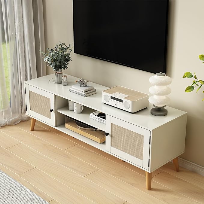 TV Stand for TVs up to 65 inches, Rattan Grain Finish Panel with 2 Storage cabinets, Modern Minimalist Style, Living Room, Audio-Visual Room for Multiple Rooms,3 Colors Available (White)