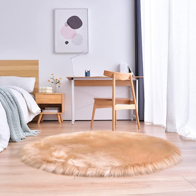 duduta Beige Faux Sheepskin Round Rug 4x4 ft, Fluffy Shag Fur Bedroom Nursery Kids Playroom Rug Dorm Decor Non Slip Washable
