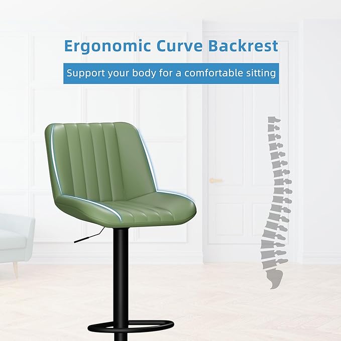 Shintenchi Swivel Bar Stools Set of 2, Adjustable Faux Leather Upholstered Swivel Counter Stools, Armless Bar Height Island Chairs with Back and Footrest, Green