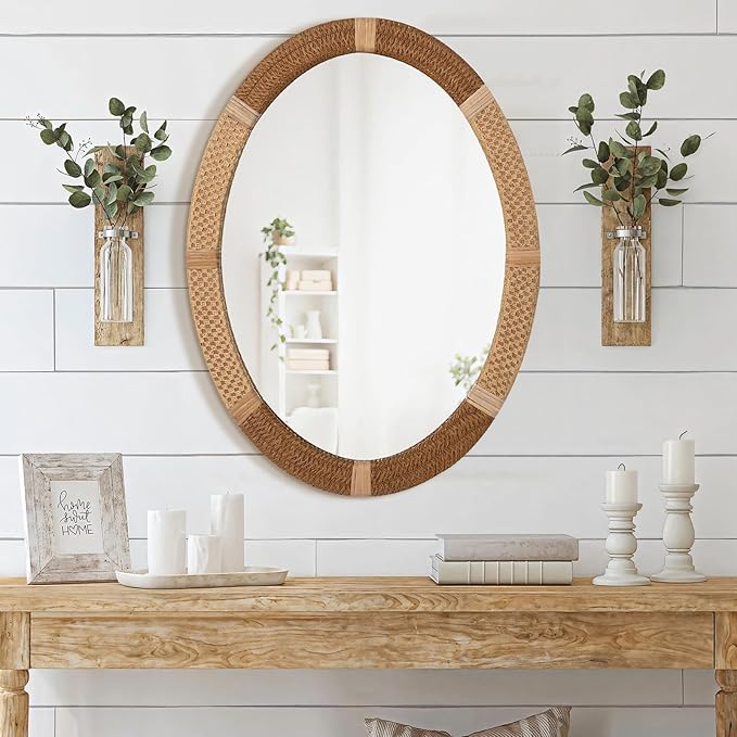 ULIKE Oval Rattan Wall Mirror, 22x30 Inch Rustic Farmhouse Wall Decor with Wicker Frame, Boho Mirror for Nursery Bathroom Bedroom Living Room Entryway