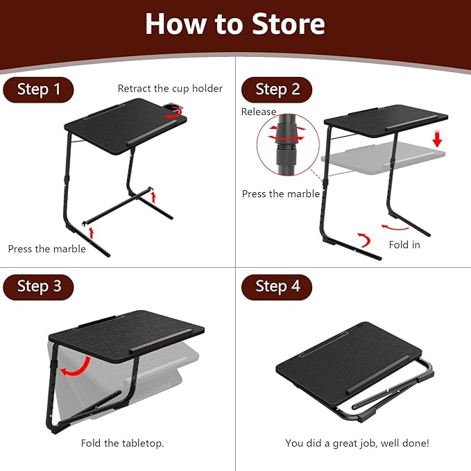 TV Trays Set of 2 - Folding TV Tray Adjustable Dinner Trays for Eating On Couch Wooden Tables Mate Stand Foldable Black Desk with Cup Holder Portable
