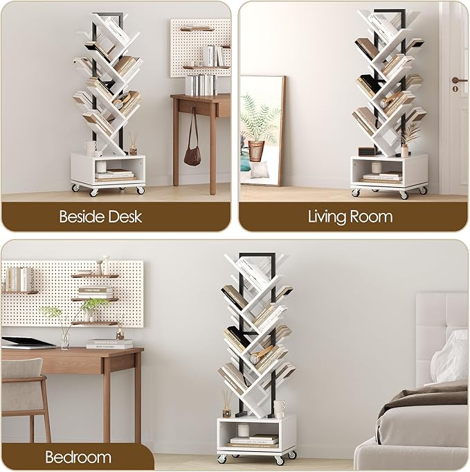 7 Tier Tree-Shaped Rotating Bookshelf, Double Sided, Small Bookcase with Storage Cabinet, Modern Tall Narrow Bookshelves Organizer, Floor Standing Book Shelf for Bedroom/Living Room, White
