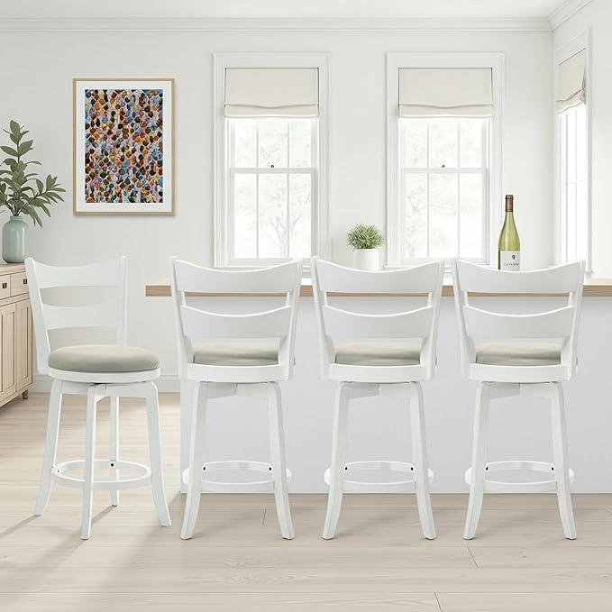Armen Living Blair 30 in. Matte White Bar Height Rubberwood Swivel Barstool with Fog Fabric Seat - Set of 4