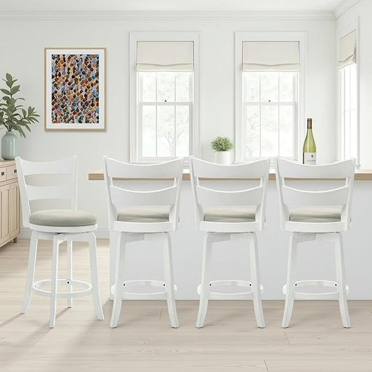 Armen Living Blair 30 in. Matte White Bar Height Rubberwood Swivel Barstool with Fog Fabric Seat - Set of 4