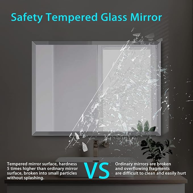 Frameless Beveled Edge Bathroom Mirror 55x30 Inch Rectangle Wall Mirror Explosion Proof and Shatterproof Bathroom Vanity Mirror Wall Mounted Hang Firmly (Horizontal or Vertical)