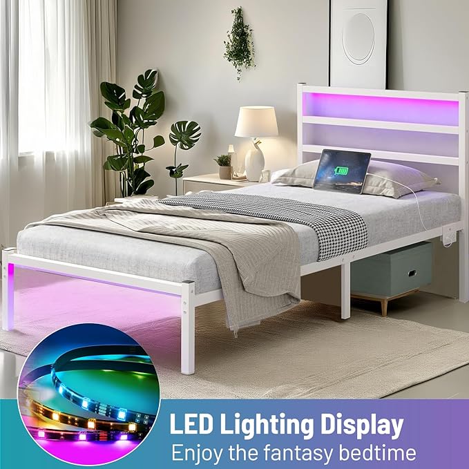 Twin Bed Frame with Headboard,Heavy Duty Steel Slats Support-LED Bed Frame with USB Charging Station,Mattress Foundation-Under Bed Storage,No Box Spring Needed,Noise Free,White