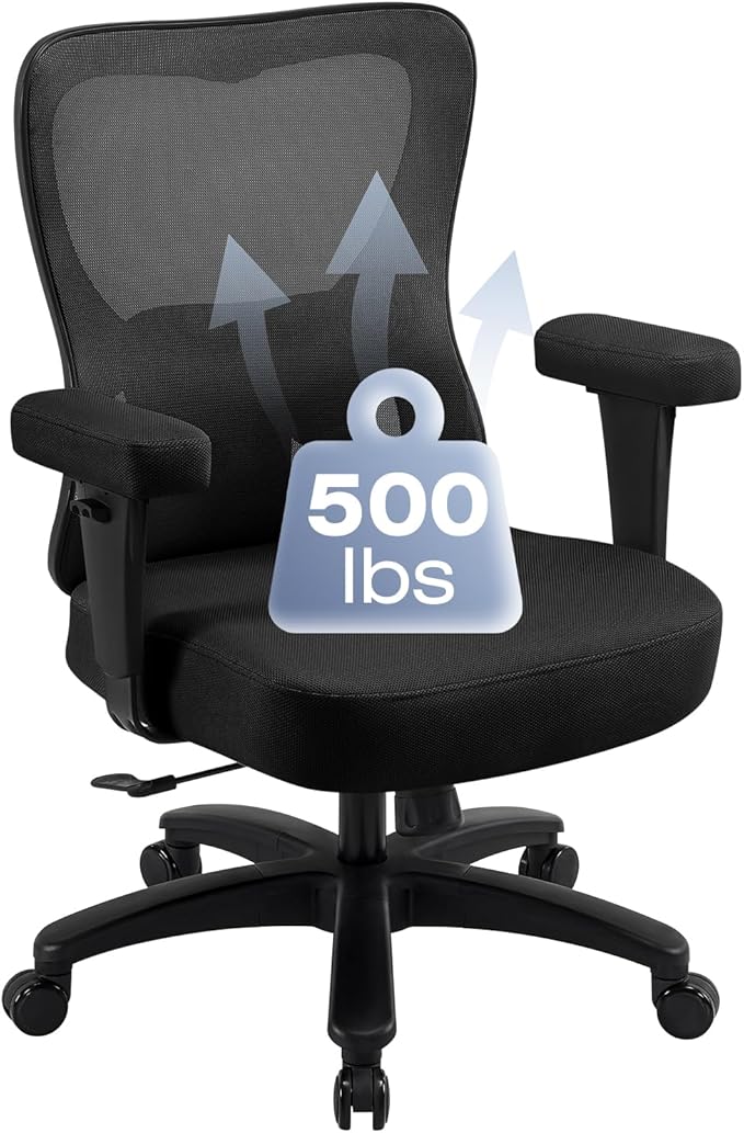 Big and Wide Office Chair 500lbs，Ergonomic Desk Chair with 4 Way Adjustable Lumbar Support, Thicker Seat Cushion, 2D Armrest, Rocking Function, Stable Comfy Computer Mesh Chairs, Black