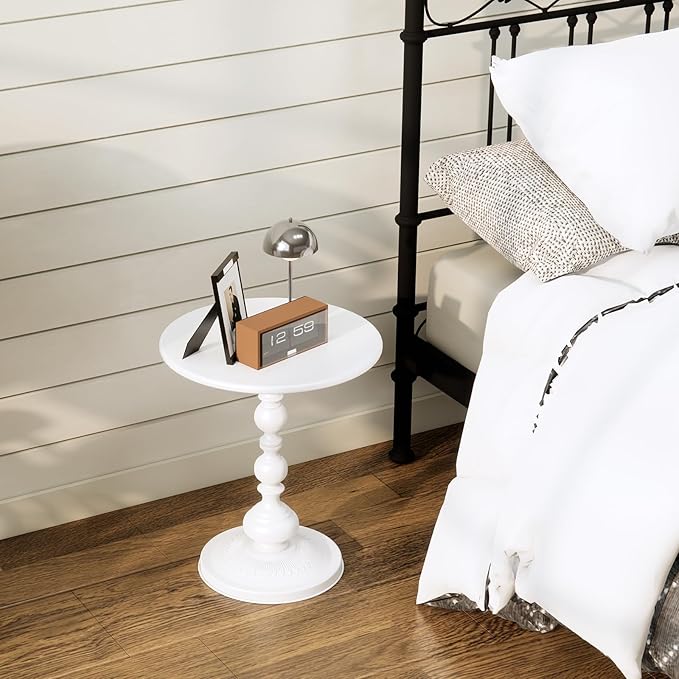 XIV Metal Small Round Side End Table, Vintage Matte Coffee Drink Cocktail Table, Accent Pedestal Table for Living Room Corners and Small Spaces, 21'' Height (White)