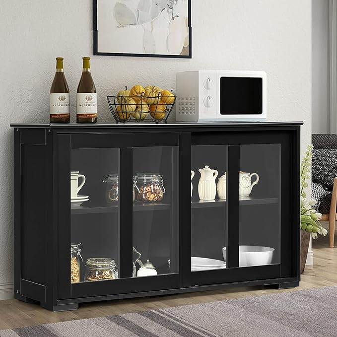 Costzon Sideboard Buffet Cabinet, Wooden Kitchen Storage Cabinet with Adjustable Shelf, Sliding Glass Doors, Accent Coffee Bar Cabinet Console Table for Living Room, Dining Room, Hallway (Black)