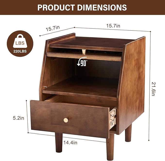 CozyDH Rattan Farmhouse Nightstand with Drawer, Solid Wood Nightstand, 21" Bedside Table for Bedroom Sofa Side, Wooden End Tables Living Room, Walnut