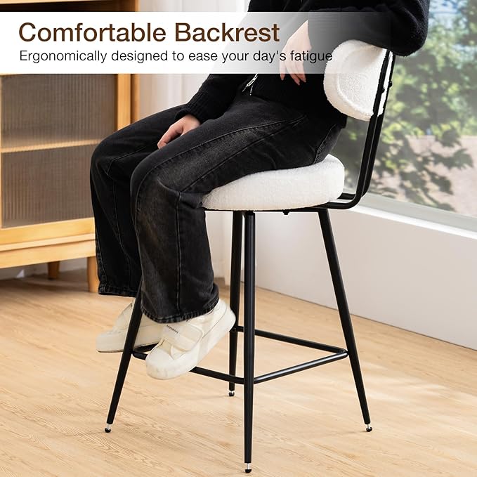 HOMMPA Swivel Bar Stools Set of 3 Counter Height Bar Stools Chiars 26'' Boucle Upholstered Modern Counter Barstools with Back Metal Legs Bar Chairs for Kitchen Counter Island White