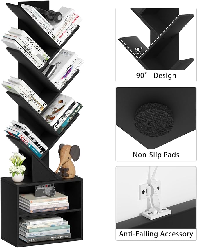 10 Tier Tree Bookshelf,Floor Standing Wood Tall Bookcase for Narrow Space, Storage Organizer Bookshelves for Books, Book Case for CDs/Movies/Books,Home Office,Living Room, Bedroom
