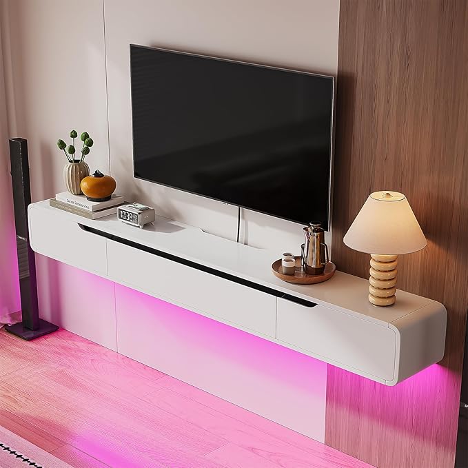 Fully-Assembled Floating TV Stand with Drawers, 94IN High Gloss Wall Mounted Entertainment Center, Modern Media Console with Storage, Under TV Shelf for Bedroom Living Room White