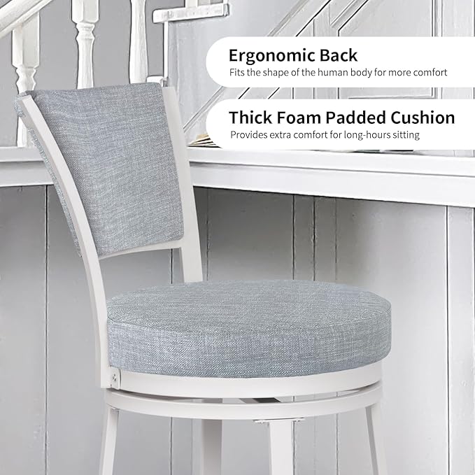 Bar Stools, Counter Height Barstools Set of 2, 25" Linen Fabric Metal Round Swivel Bar Chairs with Back, Modern Upholstered Counter Stools for Kitchen Island, Grey & White