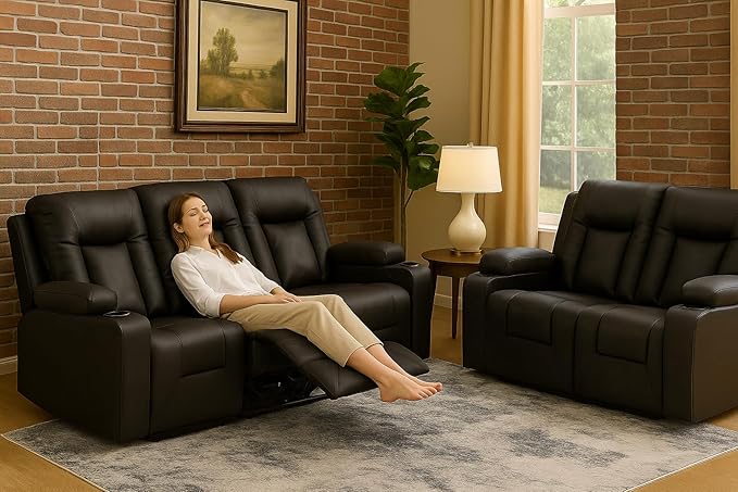 LUCKLIFE Leather Recliner Sofa Set with Manual Recliners,Living Room Furniture Set with Reclining Couch,Loveseat and Armchair,Living Room Chair with Cup Holders,Black (3+2)