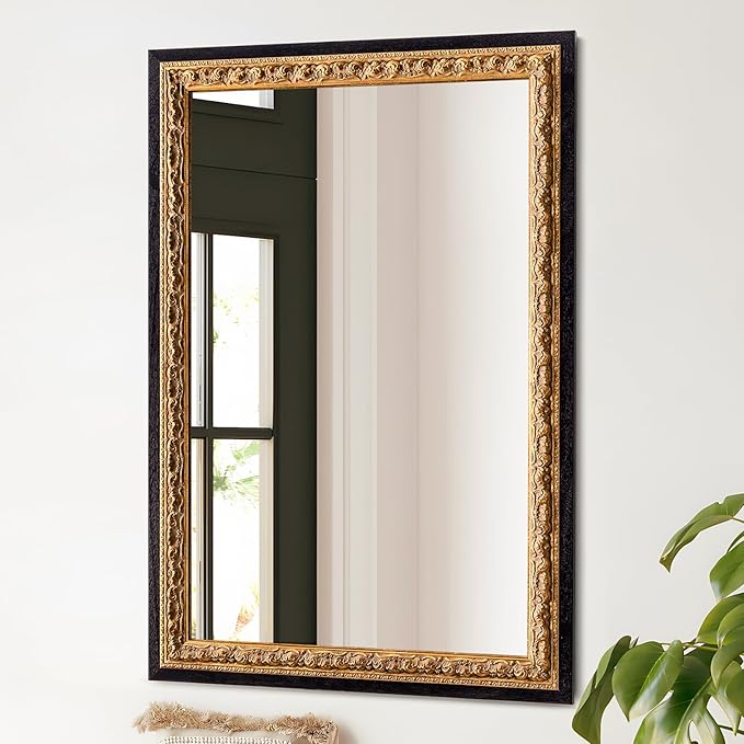 Gold Vintage Mirror 40”x28”, Black Gold Decorative Mirror with Gold Foil Flower Petal Carvings Wooden Frame for Luxe Living Room, Entryway, Bathroom and Bedroom