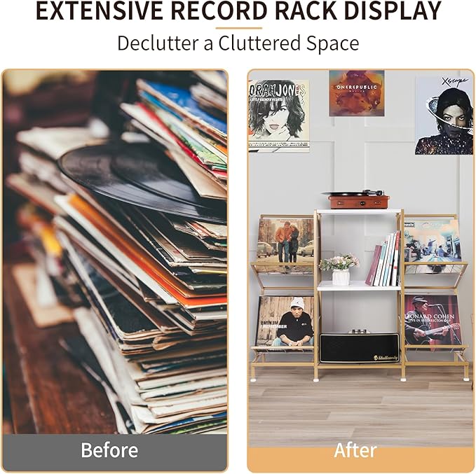 Record Player Stand with Vinyl Record Storage, Turntable Stand with 4-Tier Vinyl Display Shelf & Metal Frame, Record Holder for Living Room, Gold & White