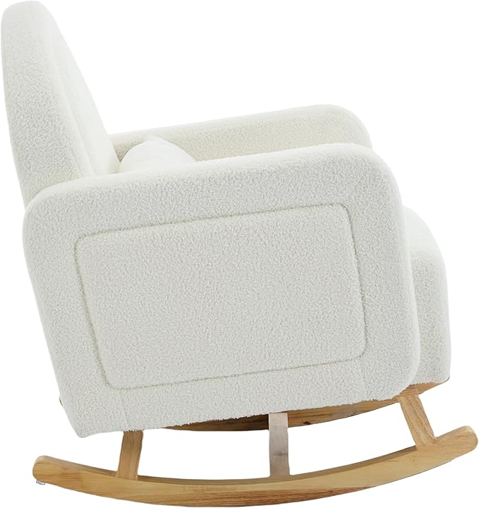 Christopher Knight Home Kiin Wooden Rocking Chair Indoor with Curved Back, Teddy Upholstered Rockers with Pillow, Comfy Accent Chair with Armrest for Bedroom, Living Room, Offices, Cream White