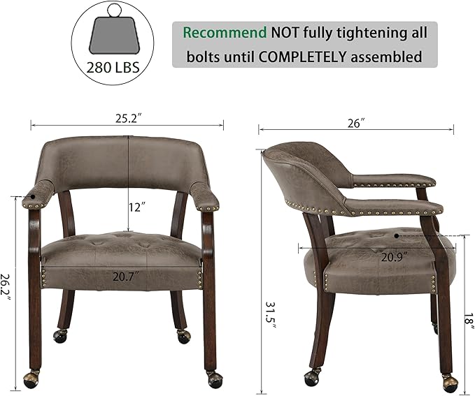 LEEMTORIG Large Dining Chairs with Casters and Arms, Rolling Dining Chairs with Wheels, Boss Caption's Chairs, 26" D x 25.2" W x 31.5" H, Espresso Legs & Dark Brown Fabric SY-318-DK