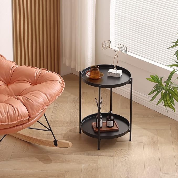 Tiita Round End Table Mental 2-Tier Side Table Nightstand/Small Iron Tables Accent Coffee Table for Living Room Bedroom Office Small Space