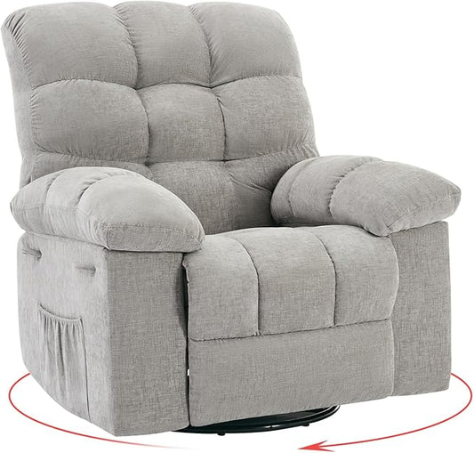 Rocking Recliner Chair,360° Swivel Rocker Chair for Living Room,Upholstered Fabric Glider Nursery Chair with Side Pockets for Small Spaces,Q235 Steel Frame Lazy Boy Recliner Single Sofa(Grey)