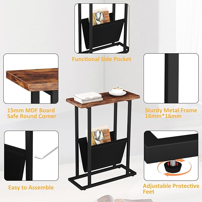 Narrow Side Table for Small Spaces, Small End Table with Magazine Holder, Skinny Slim Little Thin Table for Living Room, Bedroom, Sofa, Rustic Brown