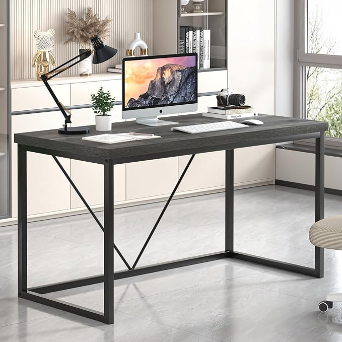 EXCEFUR Modern Computer Desk, Small Home Office Desk, Wood and Metal Writing Study Table Workstation for Bedroom Living Room, Rustic Grey, 47 inch