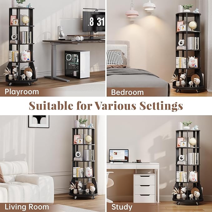 4 Tier Rotating Bookshelf with Brake Wheels, 360° Spinning Bookcase, Vertical Floor Standing Revolving Bookshelf Organizer for Small Spaces, Corner, Living Room, Bedroom, Black