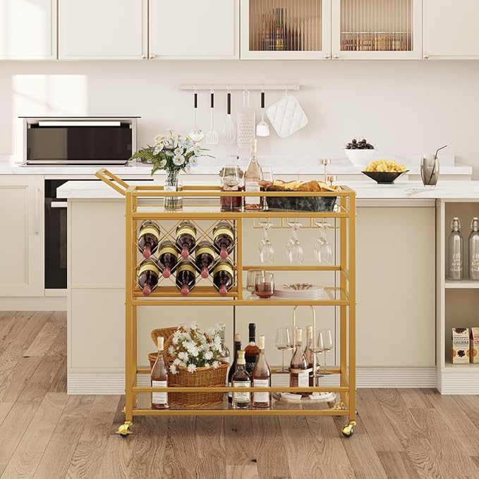 FATORRI Bar Cart Gold, Home Bar Serving Cart with Wine Rack and Glasses Holder, Wine Carts on Wheels with 3 Tier Mirrored Shelves for Liquor and Beverage (Gold)