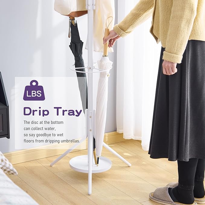 Coat Rack Freestanding Entryway Hanger Stand, Umbrella Holder, Hall Tree With 12 Hooks, Floor Standing Metal Tree Stand, White