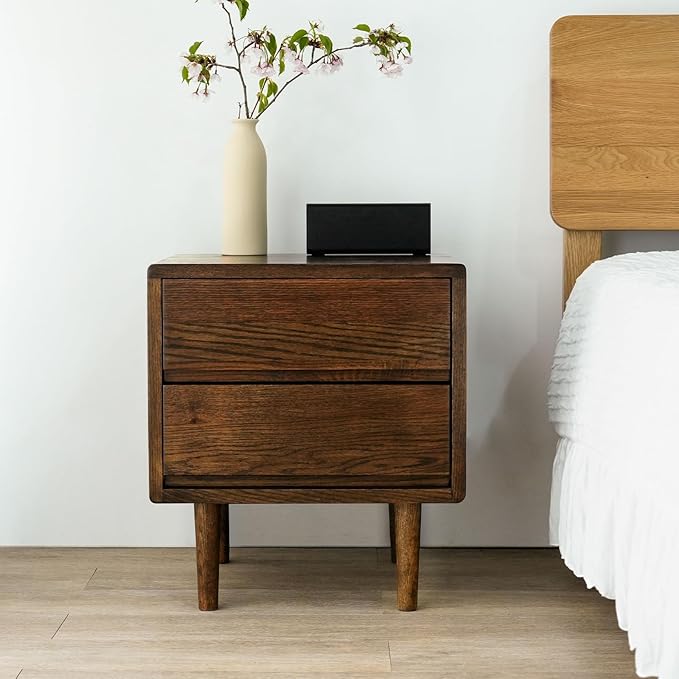 Night Stand, Mid Century Modern Nightstand w/2 Drawers, Boho Small Bedside Table, Oak Solid Wood, 17.72 W x 15.75 D x 19.69 H Inches (Walnut, Double Drawer)