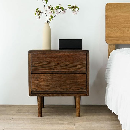 Night Stand, Mid Century Modern Nightstand w/2 Drawers, Boho Small Bedside Table, Oak Solid Wood, 17.72 W x 15.75 D x 19.69 H Inches (Walnut, Double Drawer)