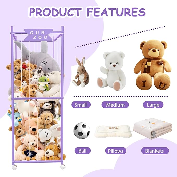 Stuffed Animal Storage Zoo with Wheels, Wooden Large Stuff Animals Plushies Holder Toy Organizer Kids Plush Storage Cage with Elastic Band and Net for Nursery Playroom Corner for Toddler (Purple)