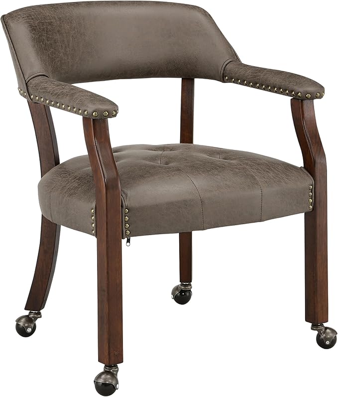 LEEMTORIG Large Dining Chairs with Casters and Arms, Rolling Dining Chairs with Wheels, Poker Chairs, Solid Wood Office Desk Chairs, 26"D x 25.2"W x 31.5"H, Cherry Legs & Dark Brown Fabric SY-1533-DK