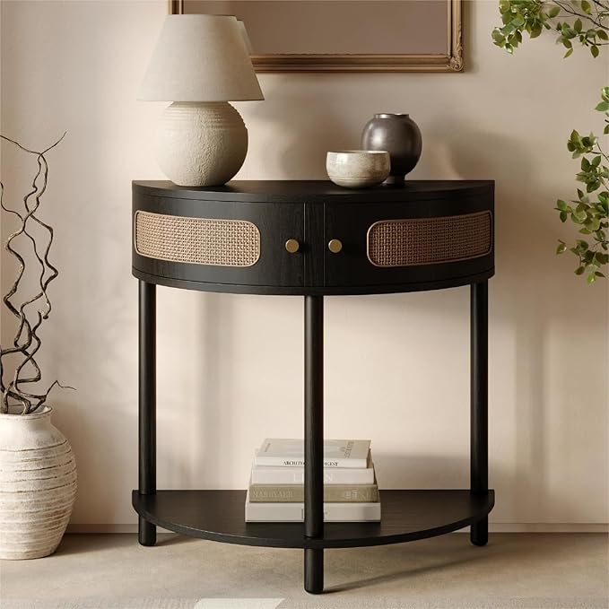 Entryway Table Rattan Half-Moon Console - Semicircular Black Oak & Natural Cane with Brass Knobs - Console Table with Storage & Narrow Curved Design for Entryway & Living Room Decor