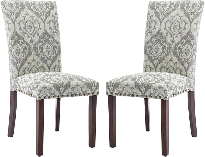 COLAMY Upholstered Parsons Dining Chairs Set of 2, Fabric Dining Room Kitchen Side Chair with Nailhead Trim and Wood Legs - Grey/White Flower