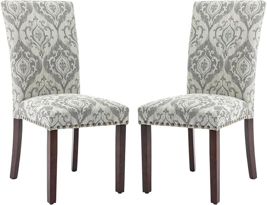 COLAMY Upholstered Parsons Dining Chairs Set of 2, Fabric Dining Room Kitchen Side Chair with Nailhead Trim and Wood Legs - Grey/White Flower