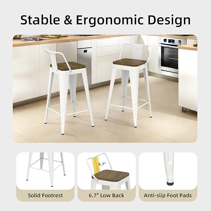 White Bar Stools Set of 4, Metal Bar Stools with Wooden Seat, Modern 24”Counter Height Barstools with Low Back