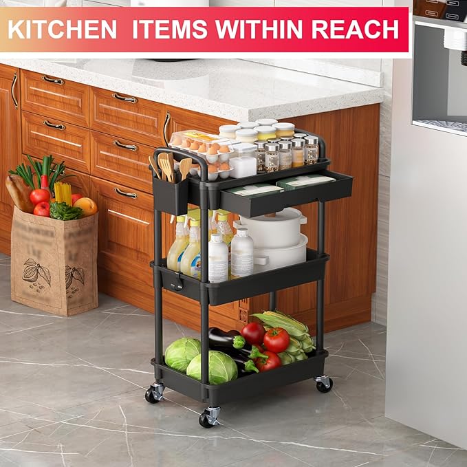 Goovilla 3 Tier Rolling Utility Cart Organizer with Removable Drawer, Stable and Sturdy Black Rolling Storage Carts with 2 Lockable Wheels for Bathroom, Kitchen, Snack, Craft, Makeup, Baby Essentials