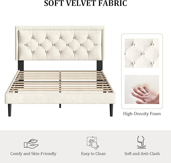 Full Size Platform Bed Frame with Upholstered Velvet Button Tufted Headboard, Mattress Foundation with Wooden Slat Support, No Box Spring Needed, Easy Assembly, Noise Free, Beige