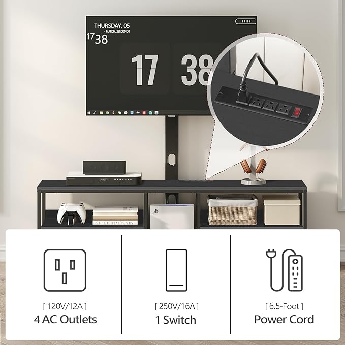 TV Stand with Mount for up to 65", Entertainment Center with Switch-Controlled Charging Station, Swivel TV Stand Mount with Fabric Drawers, for Living Room, Black TVBK154E01