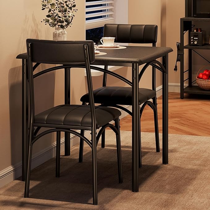 GarveeHome Dining Table Set for 2, Kitchen Table with 2 Upholstered Chairs, Wood Square Dining Table and Chairs Set for Small Space, Apartment, Dinner, Rustic Black