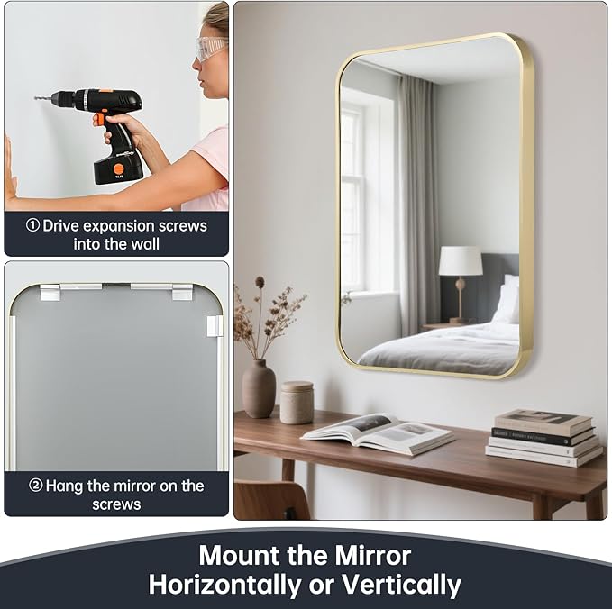 24x36 Inch Bathroom Mirror, Gold Framed Rectangle with Rounded Corner, Aluminum Alloy Framed Brushed Wall Mirror for Bedroom or Living Room, Vertical or Horizontal