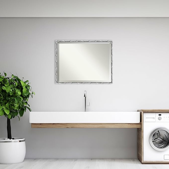 Amanti Art Silver Bathroom Mirror for Over Sink, 32x42 Scratched Wave Chrome Rectangle Vanity Mirror, X-Large Traditional Frame, Hangs Horizonally and Vertically, Bathroom Wall Decor, Beveled Edge