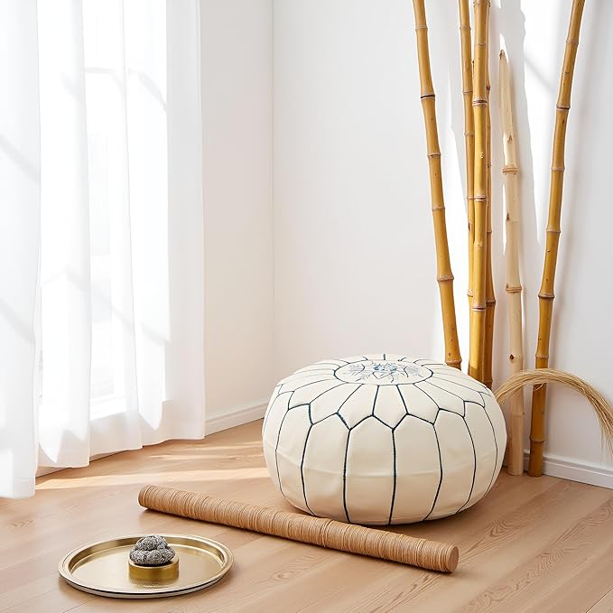 Stuffed Round Design Moroccan Leather Pouf Ottoman, Handmade, Pre-Filled, 100% Genuine Leather, 13” Height x 20” Diameter, Footstool & Living Room Décor (White with Blue Stitches)