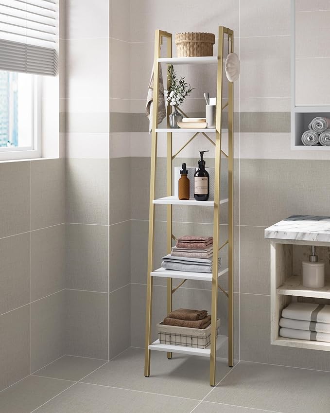 Ladder Shelf, Bookshelf Bookcase, Freestanding Corner Storage Shelve with 2 Hooks for Home Office, Living Room, Kitchen, Bedroom, Industrial, 5-Tier White Gold BC03213G