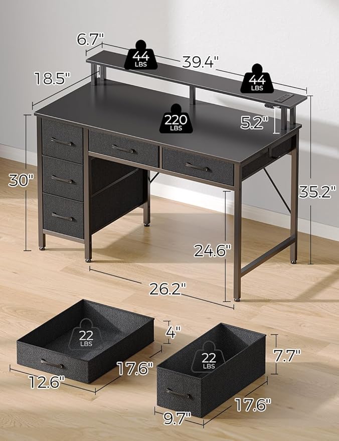 Seventable Computer Desk with Power Outlets & LED Light, 39 inch Home Office Desk with 5 Drawers, Writing Desk with Monitor Stand,Work Desk for Home Office, Black