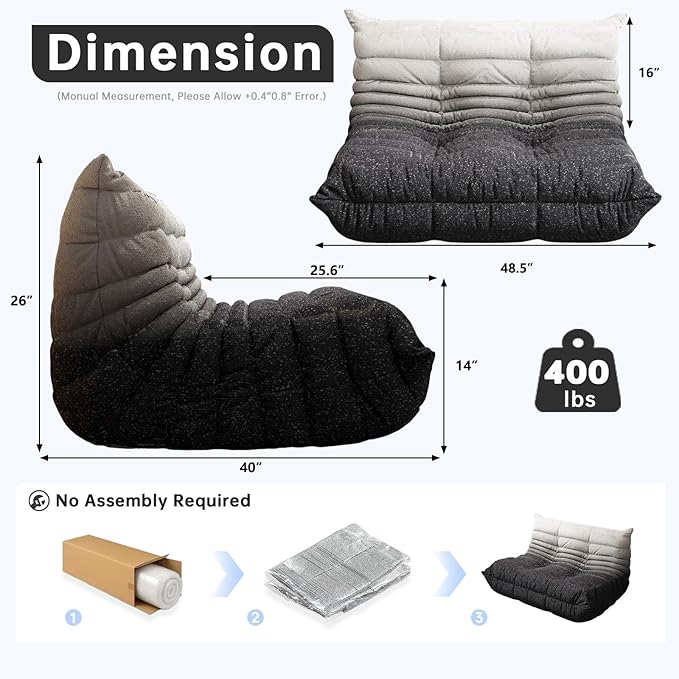 Bean Bag Chairs for Adults, Memory Foam Couch Loveseat Sofa Chair, Soft Teddy Material Cozy Comfy Reading Nook Chairs, Floor Chair for Living Room Bedroom Office(Black-White)